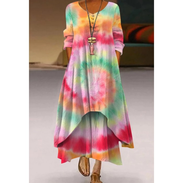 Fashion Floral Print Retro Boho Long Sleeve Casual O Neck Loose  Maxi Dress