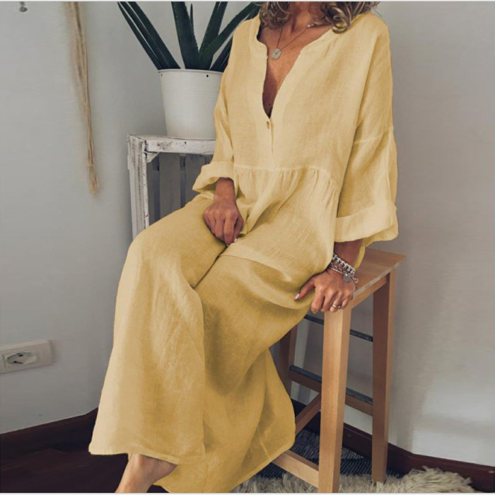 Cotton Linen Long Sleeve V-neck Casual  Vintage Maxi Dress