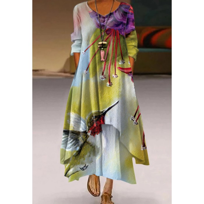 Retro Women's Casual Holiday Print Simple Long Sleeve  Maxi Dress
