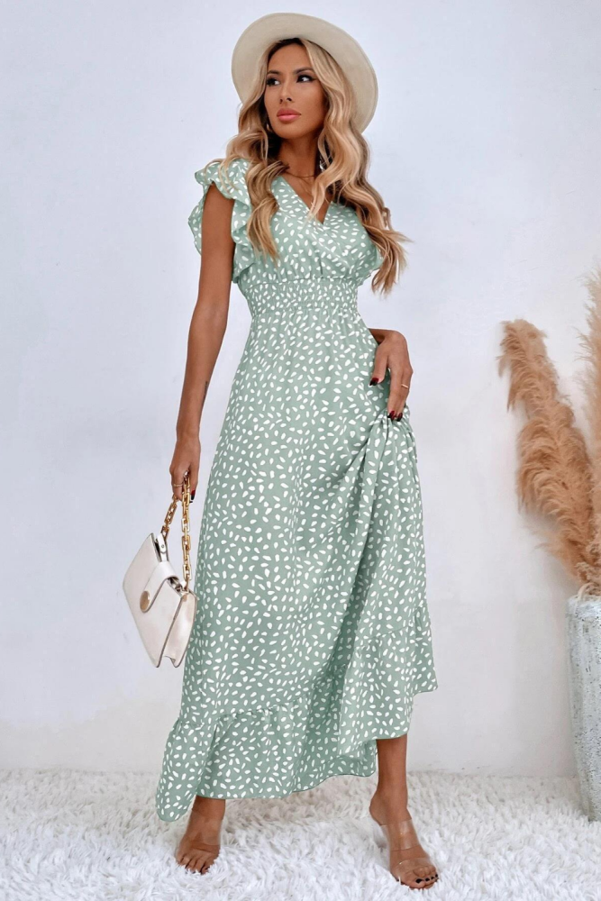 Fashion Polka Dot Print V Neck Casual Ruffle Dress