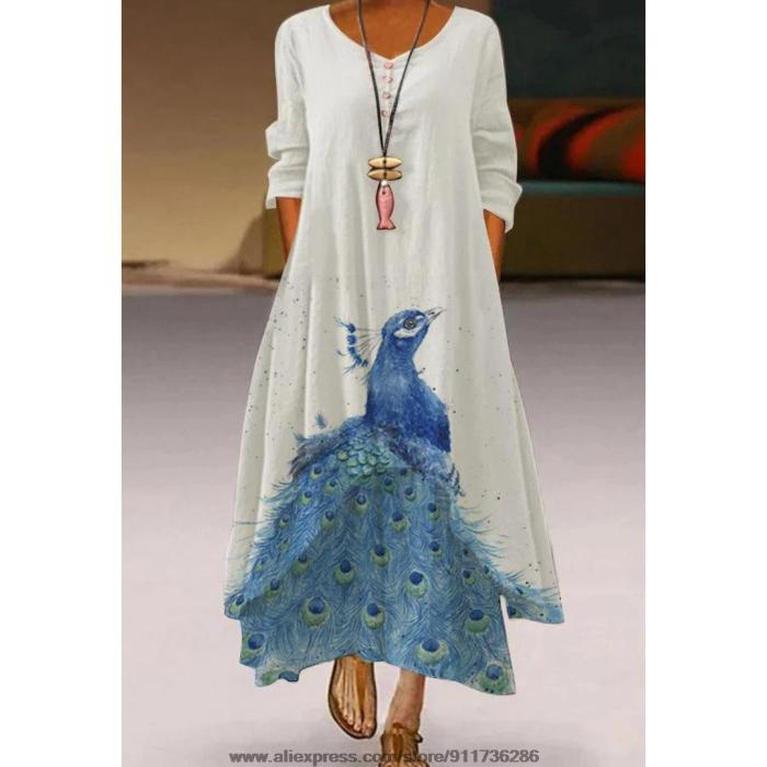 Fashion Peacock Feather Floral Bubble Short Sleeve Party  Maxi Dress