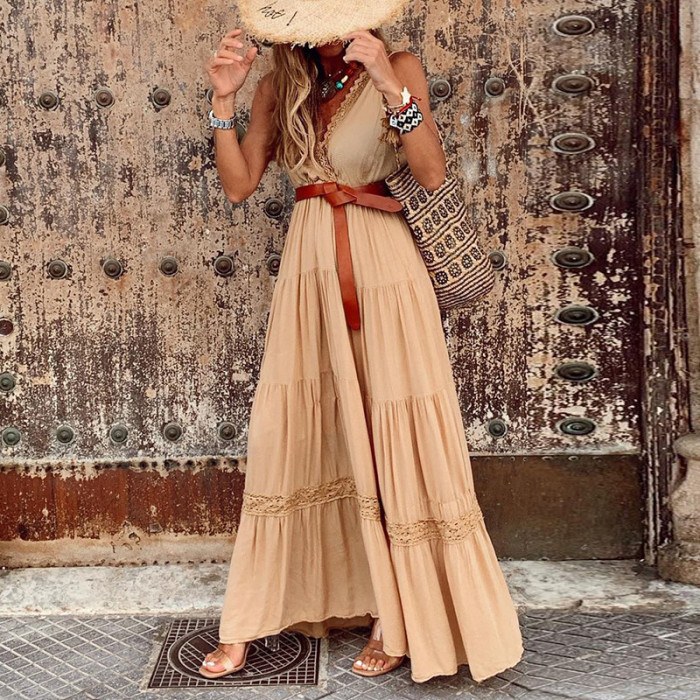 V Neck Vintage Sleeveless Boho Party Casual Dress