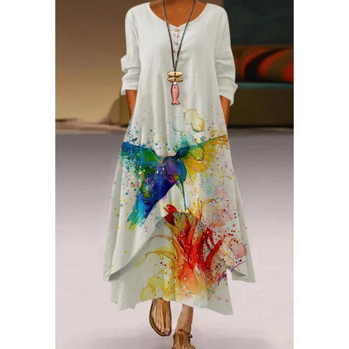 Retro Women's Casual Holiday Print Simple Long Sleeve  Maxi Dress
