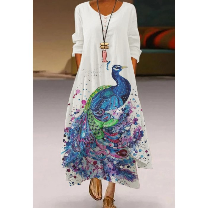 Fashion Peacock Feather Floral Bubble Short Sleeve Party  Maxi Dress