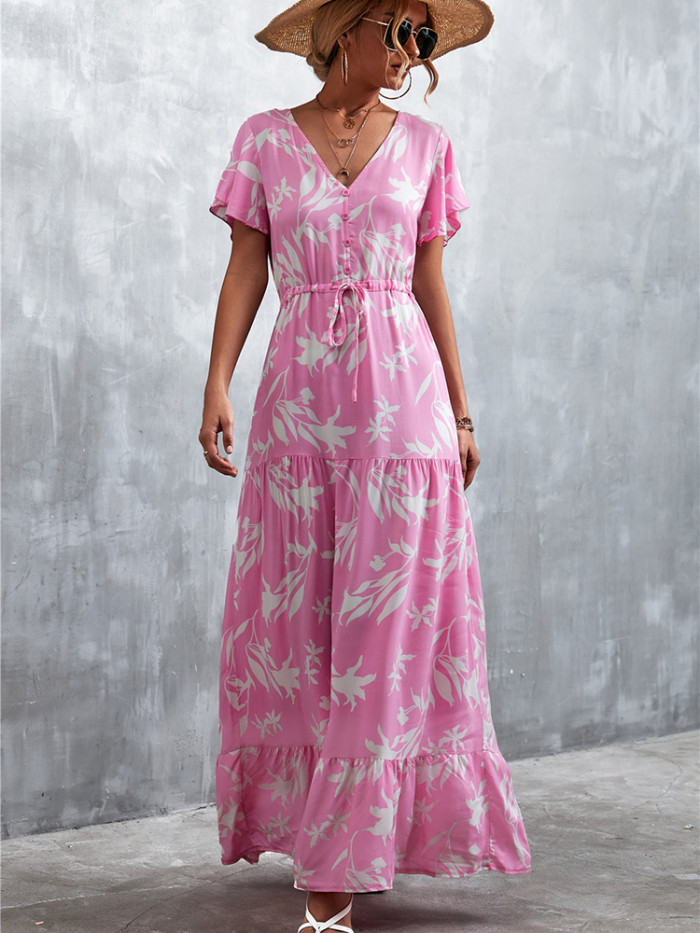 V Neck Floral Print Fashion Ruffle Dress