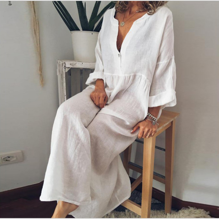 Cotton Linen Long Sleeve V-neck Casual  Vintage Maxi Dress