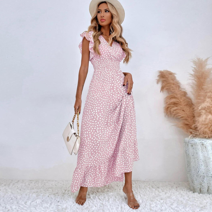 Fashion Polka Dot Print V Neck Casual Ruffle Dress