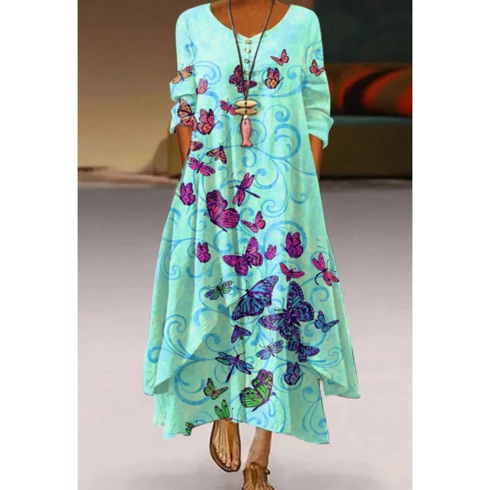 Retro Women's Casual Holiday Print Simple Long Sleeve  Maxi Dress