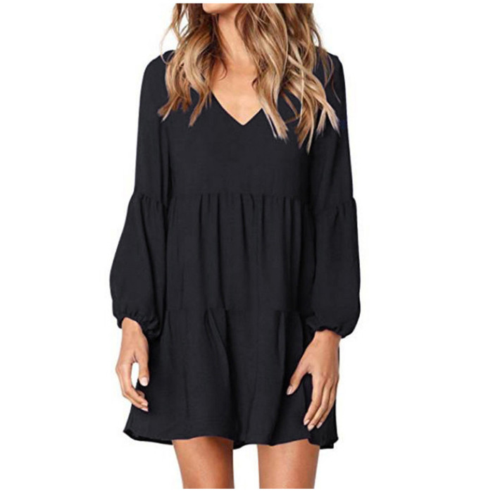 Elegant V Neck Long Sleeves Ruffles Casual Dress