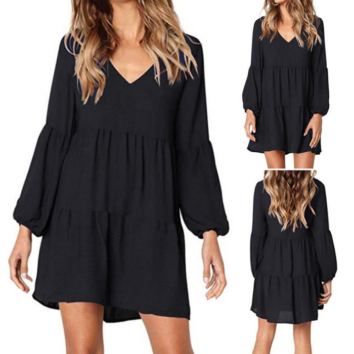 Elegant V Neck Long Sleeves Ruffles Casual Dress