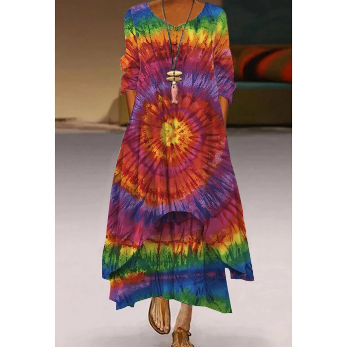 Fashion Floral Print Retro Boho Long Sleeve Casual O Neck Loose  Maxi Dress