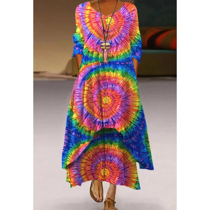 Fashion Floral Print Retro Boho Long Sleeve Casual O Neck Loose  Maxi Dress