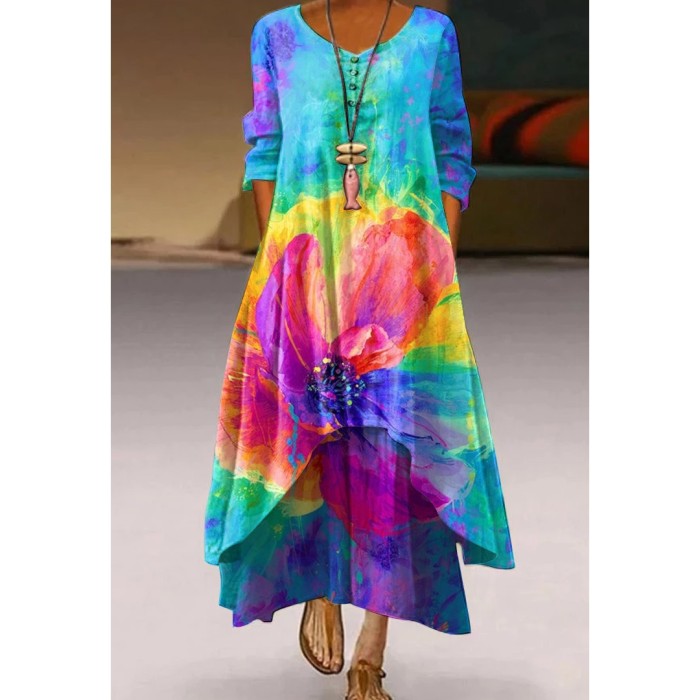 Women's Floral Print Long Sleeve Mid Waist V Neck Irregular Casual Dress