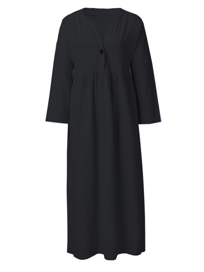 Cotton Linen Long Sleeve V-neck Casual  Vintage Maxi Dress