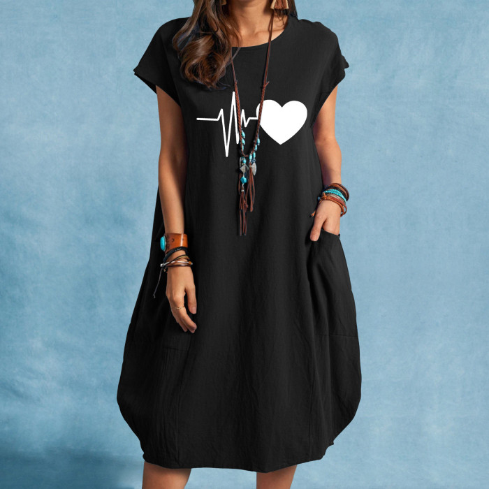 Casual O-Neck Heart Printed Linen Loose Dress