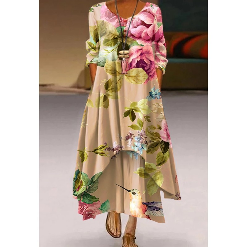 Women's V-neck Vintage Floral Loose Casual  Maxi Dress