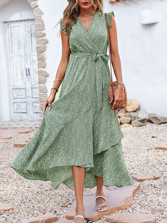 Boho V Neck Floral Print Ruffle Sleeve Casual Lace Midi Dress