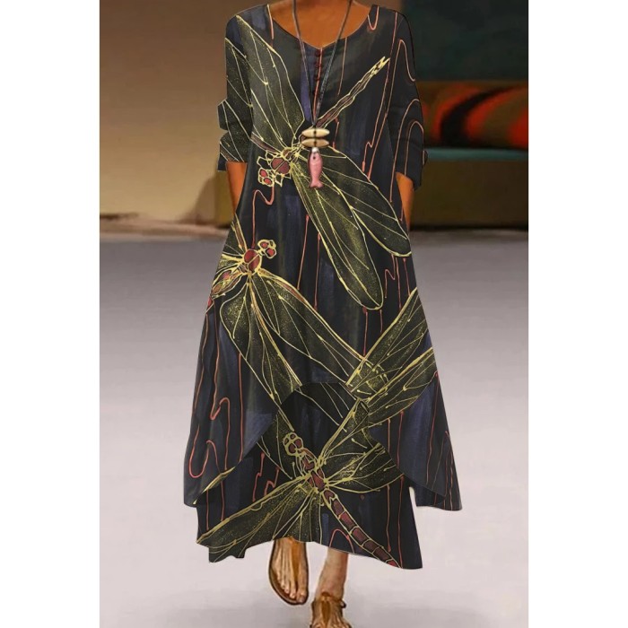 Women's V-neck Vintage Floral Loose Casual  Maxi Dress