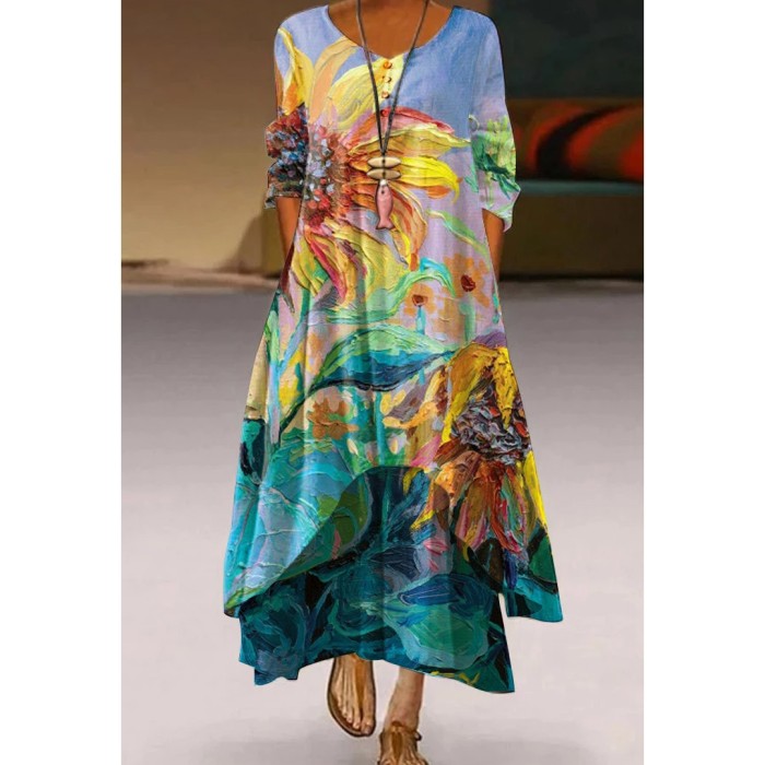 Fashion Printed Casual Loose V Neck Long Sleeve  Maxi Dress