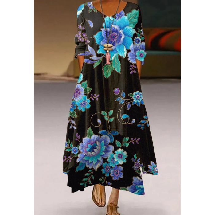 Floral Print Commuter Fashion Long Sleeve Party Casual Maxi Dress