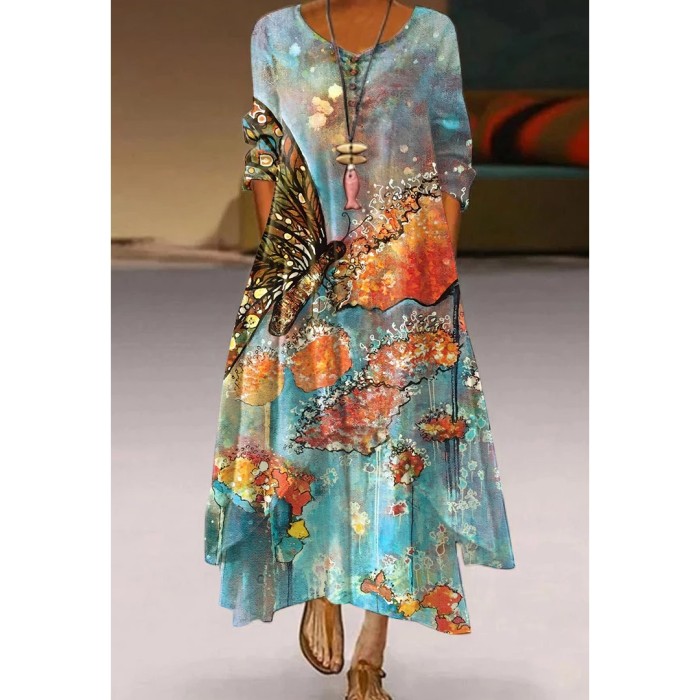 Ladies Butterfly Floral Print Sexy Fashion Casual V Neck Vintage Maxi Dress
