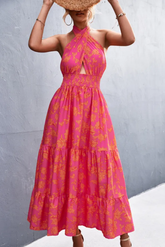 Print Floral Sleeveless Fashion High Waist Dress