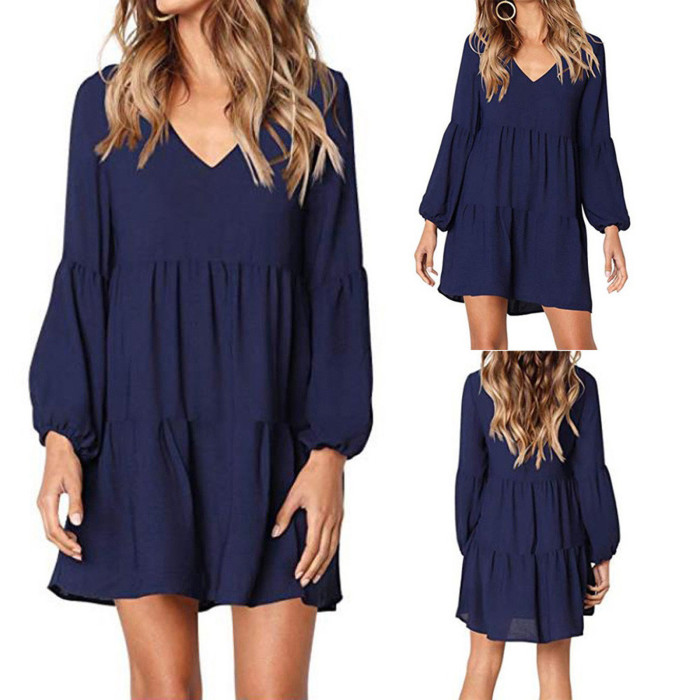 Elegant V Neck Long Sleeves Ruffles Casual Dress