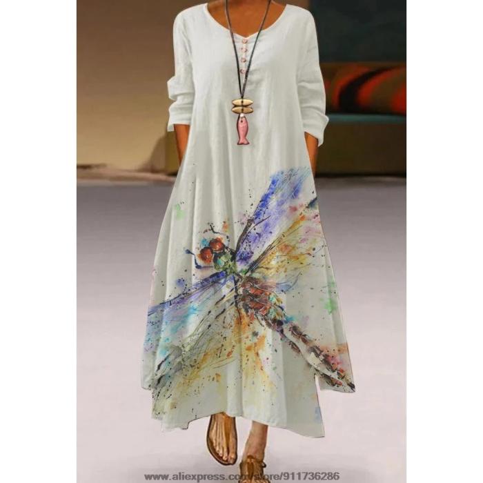 Long Sleeve Dragonfly Printing Dress