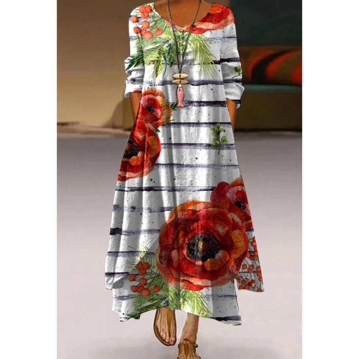 Fashion Peacock Feather Floral Bubble Short Sleeve Party  Maxi Dress