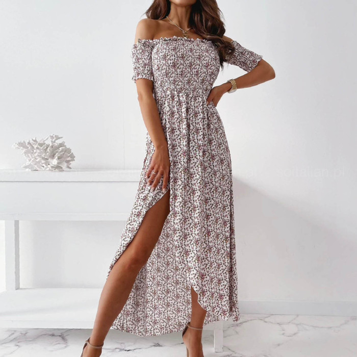 Off The Shoulder Floral Casual Elegant High Waist Slit Dress