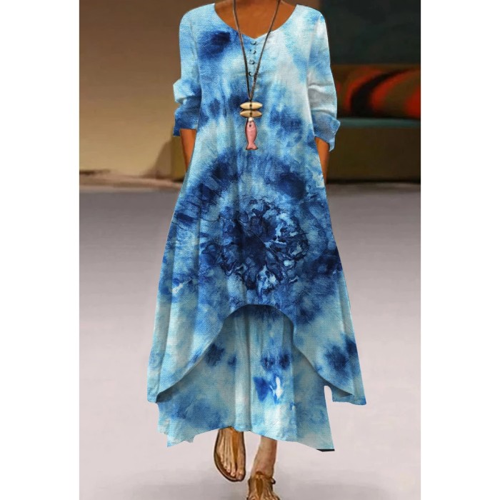 Fashion Floral Print Retro Boho Long Sleeve Casual O Neck Loose  Maxi Dress