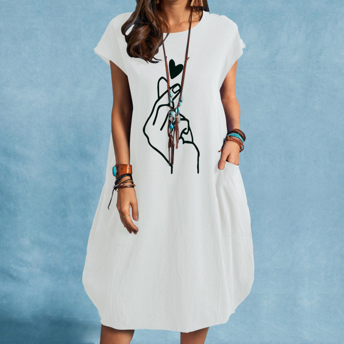 Casual O-Neck Heart Printed Linen Loose Dress
