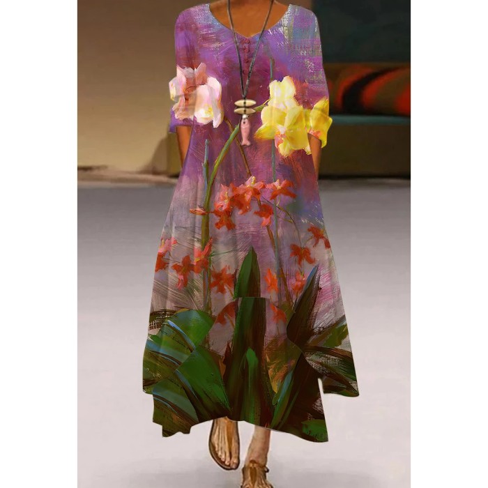 V Neck Long Sleeves Women's Street Bohemian Loose  Casual Dress