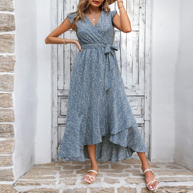 Boho V Neck Floral Print Ruffle Sleeve Casual Lace Midi Dress
