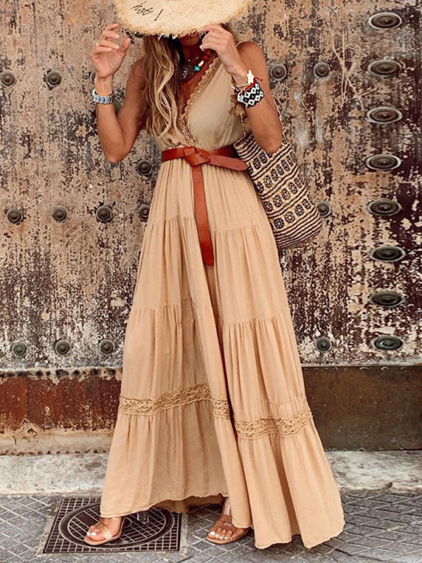 V Neck Vintage Sleeveless Boho Party Casual Dress