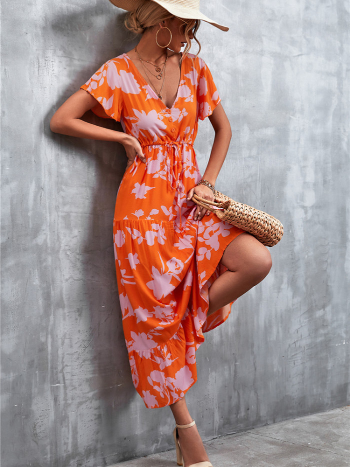 V Neck Floral Print Fashion Ruffle Dress