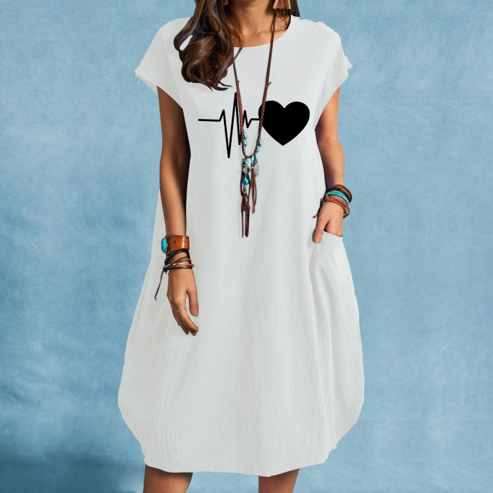 Casual O-Neck Heart Printed Linen Loose Dress
