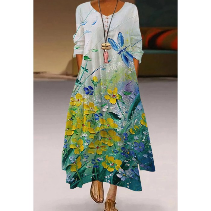 V Neck Long Sleeves Women's Street Bohemian Loose  Casual Dress