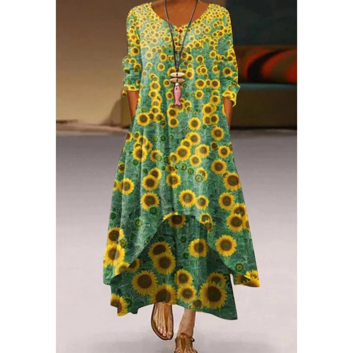 Fashion Printed Casual Loose V Neck Long Sleeve  Maxi Dress