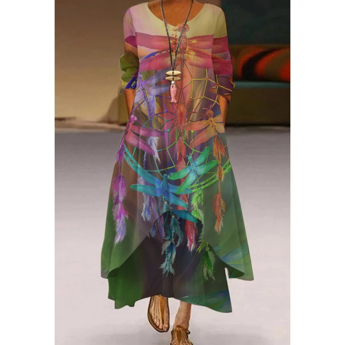 Women's V-neck Vintage Floral Loose Casual  Maxi Dress