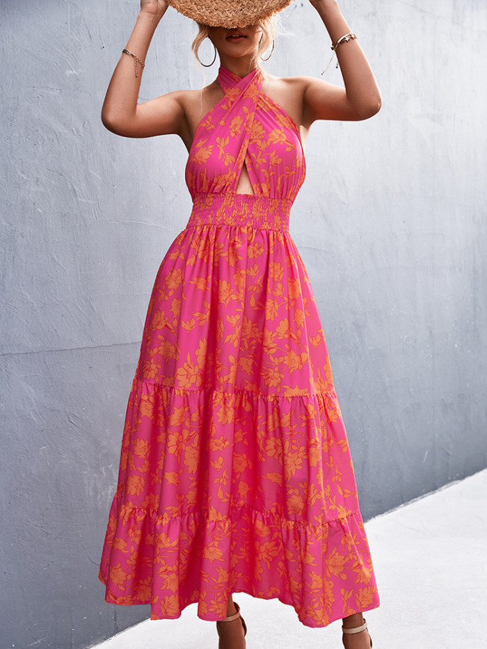 Print Floral Sleeveless Fashion High Waist Dress