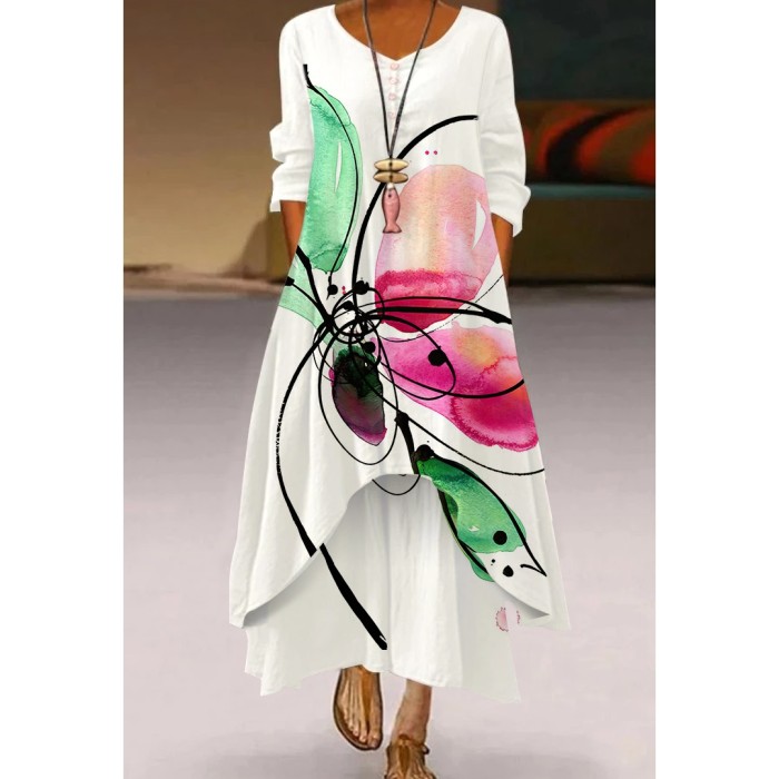 3D Printing Pattern Loose Long Sleeves Party  V Neck Casual Dress
