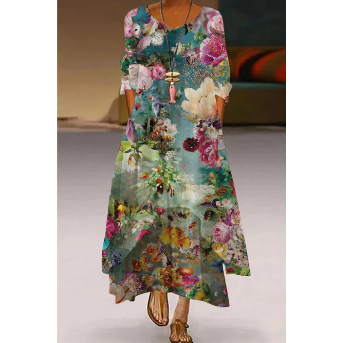 Fashion Long Sleeve V Neck Loose Casual  Maxi Dress