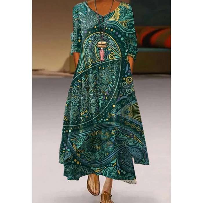 Fashion Peacock Feather Floral Bubble Short Sleeve Party  Maxi Dress