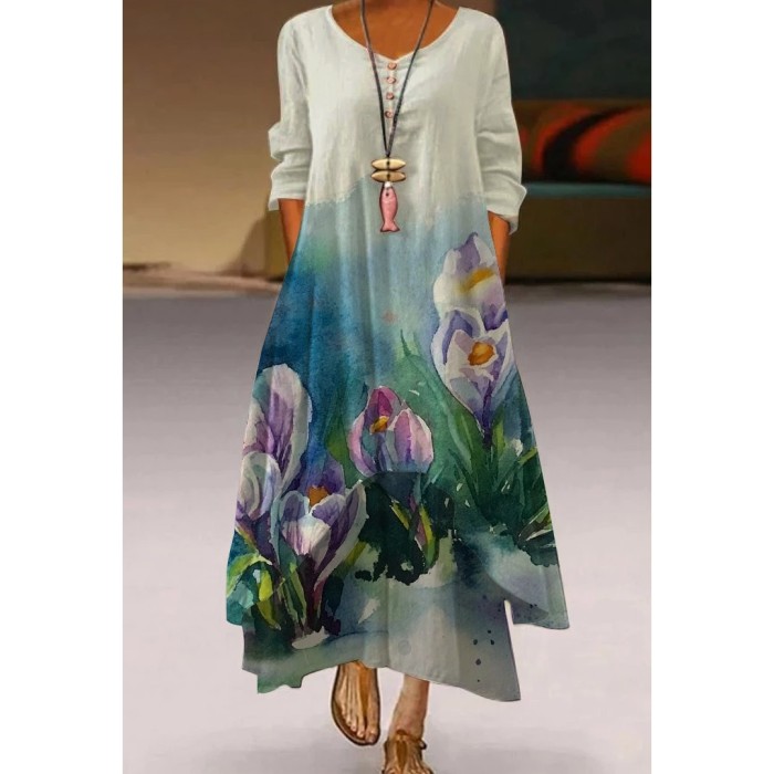 Fashion Peacock Feather Floral Bubble Short Sleeve Party  Maxi Dress