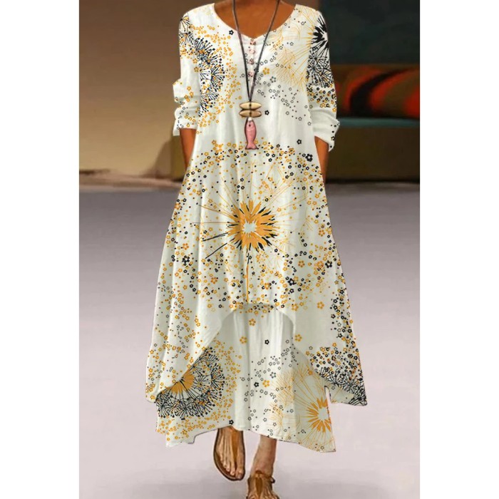 V Neck Long Sleeves Women's Street Bohemian Loose  Casual Dress