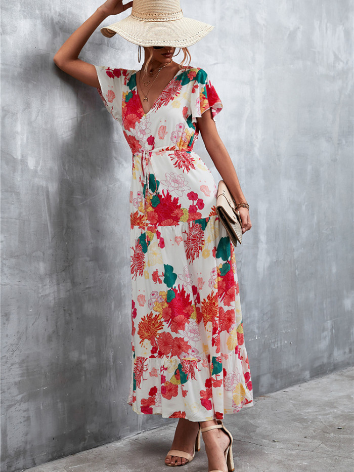 V Neck Floral Print Fashion Ruffle Dress