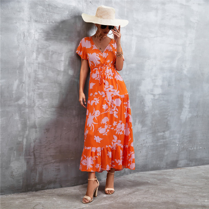 V Neck Floral Print Fashion Ruffle Dress