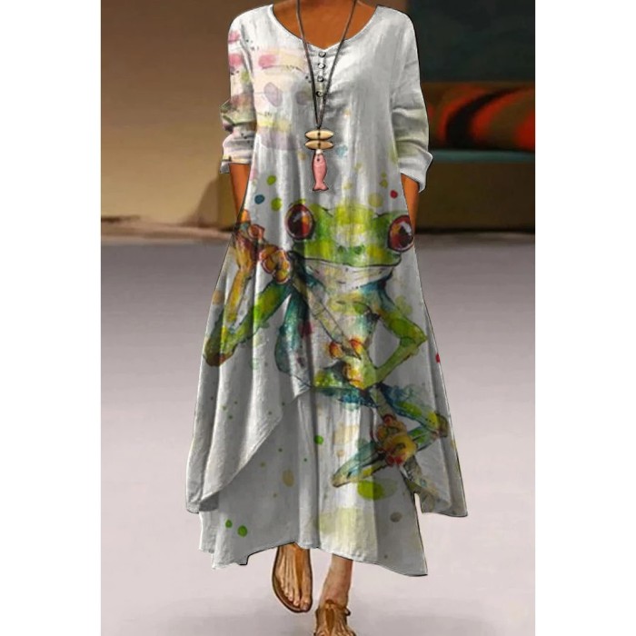 Fashion Elegant Butterfly Print Long Sleeve Retro  Casual Dress