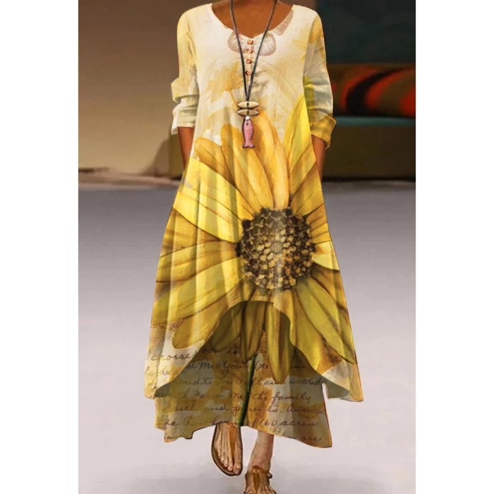 Fashion Printed Casual Loose V Neck Long Sleeve  Maxi Dress